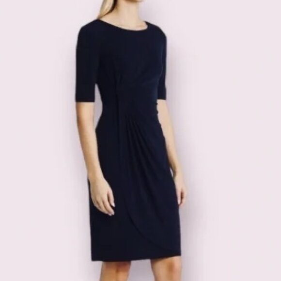 Connected Apparel Navy Blue Gathered Faux Wrap Dress Size‎ 10 - Picture 4 of 11